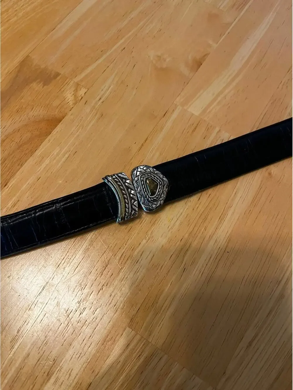 Vintage Brighton Western Black Leather Croc Embossed Belt Silver Buckle Cowgirl